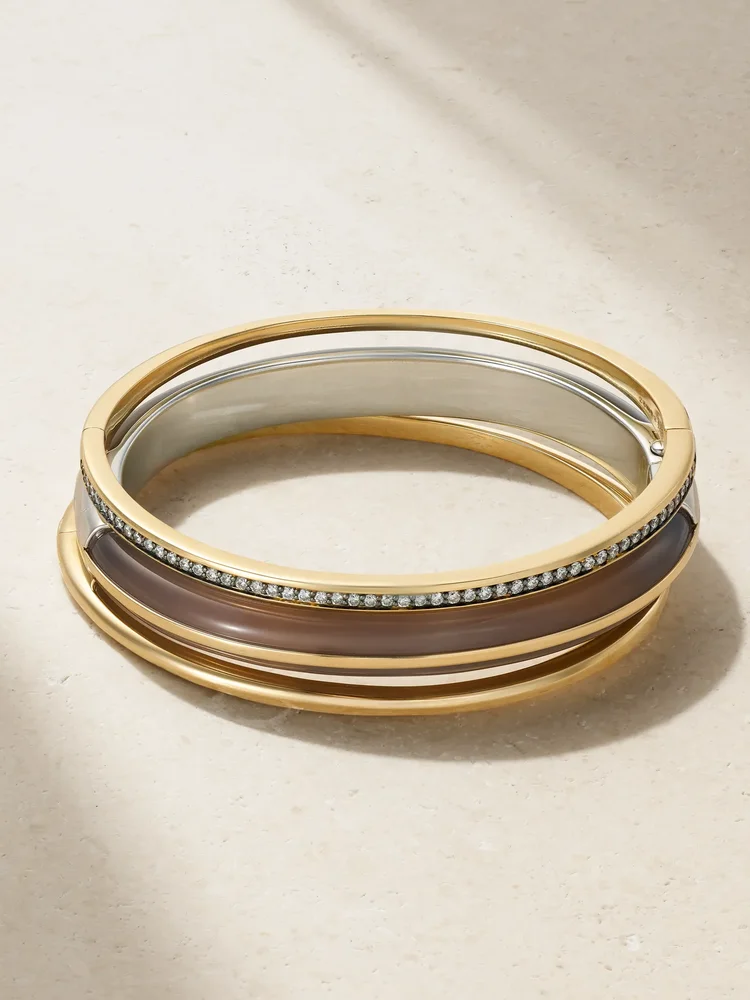 Classic Stack set of three 14-karat recycled gold, sterling silver, diamond and agate bracelets