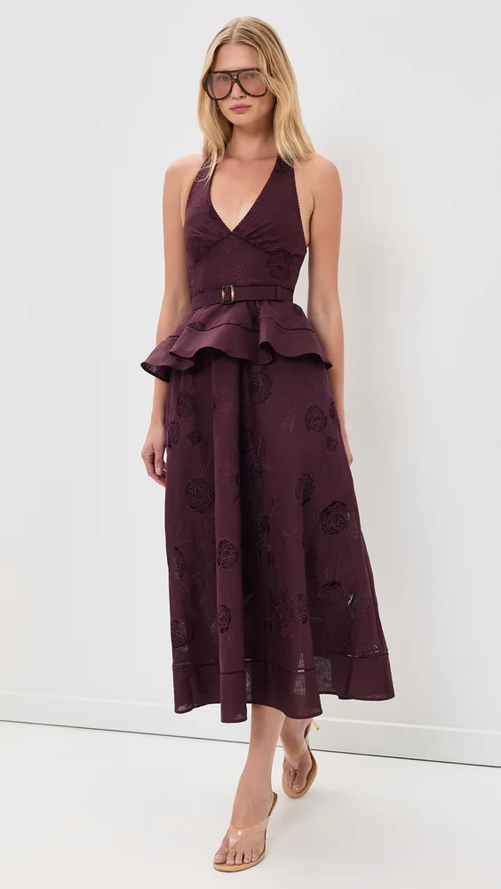 Plum Linen Peplum Midi Dress