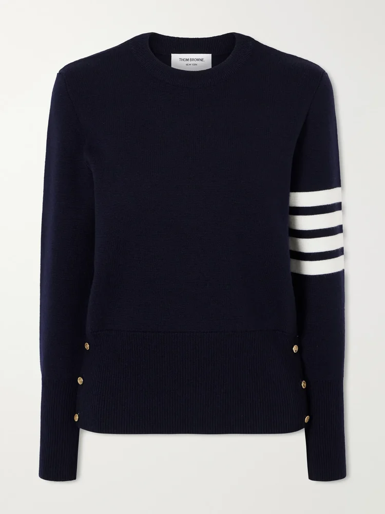 Grosgrain-trimmed striped wool sweater