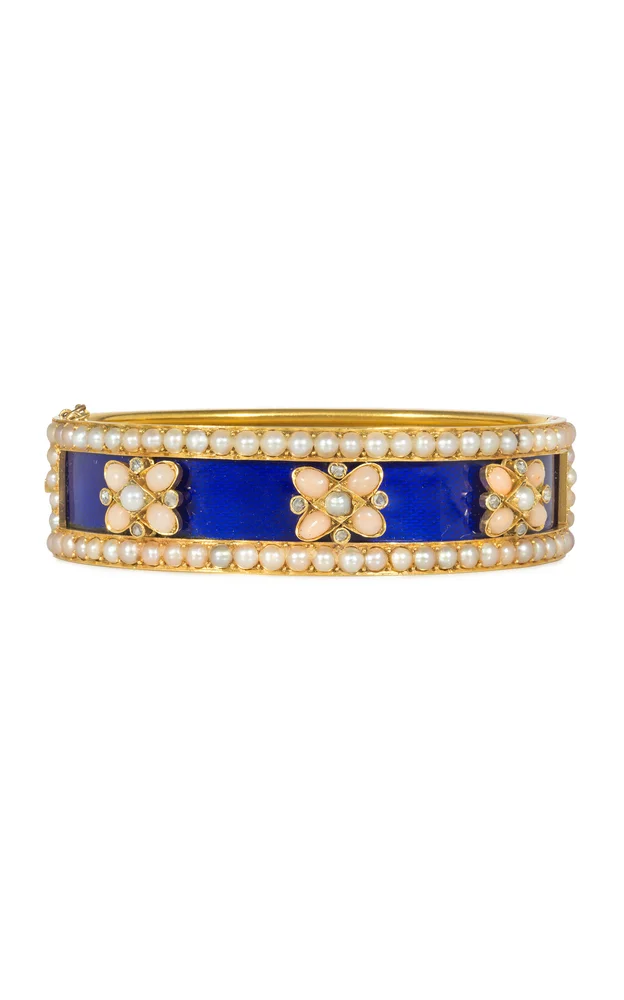 Antique Blue Enamel, Pearl and Angelskin Coral Bracelet