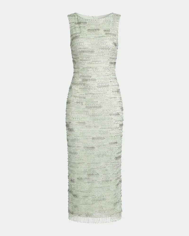 Beaded Fringe-Trim Mesh Midi Dress