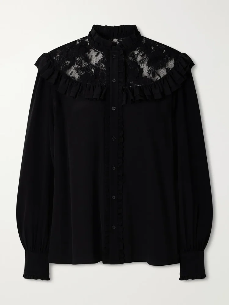 Lace-trimmed silk-crepe blouse
