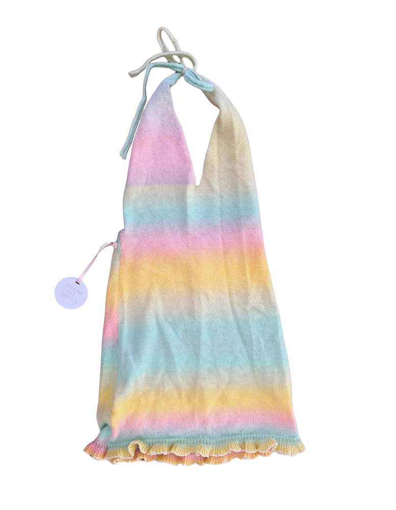 More To Come - Pastel Rainbow Knit Halter Mini Dress - XS