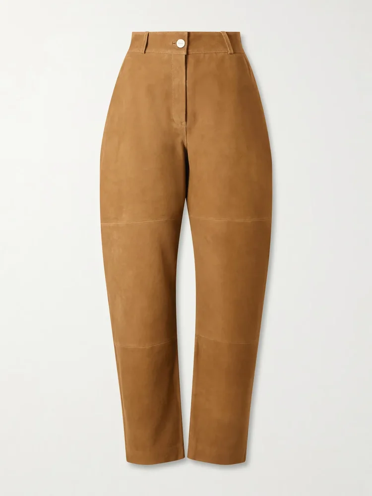 Sculptural paneled suede barrel-leg pants