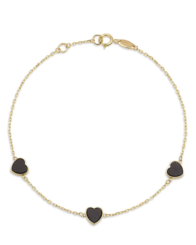 14K Yellow Gold Onyx Triple Heart Chain Bracelet