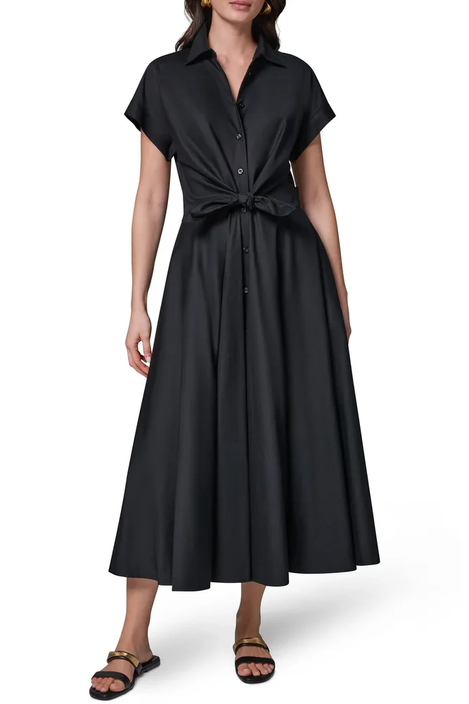 Tie Waist Short Sleeve Stretch Cotton Midi Shirtdress