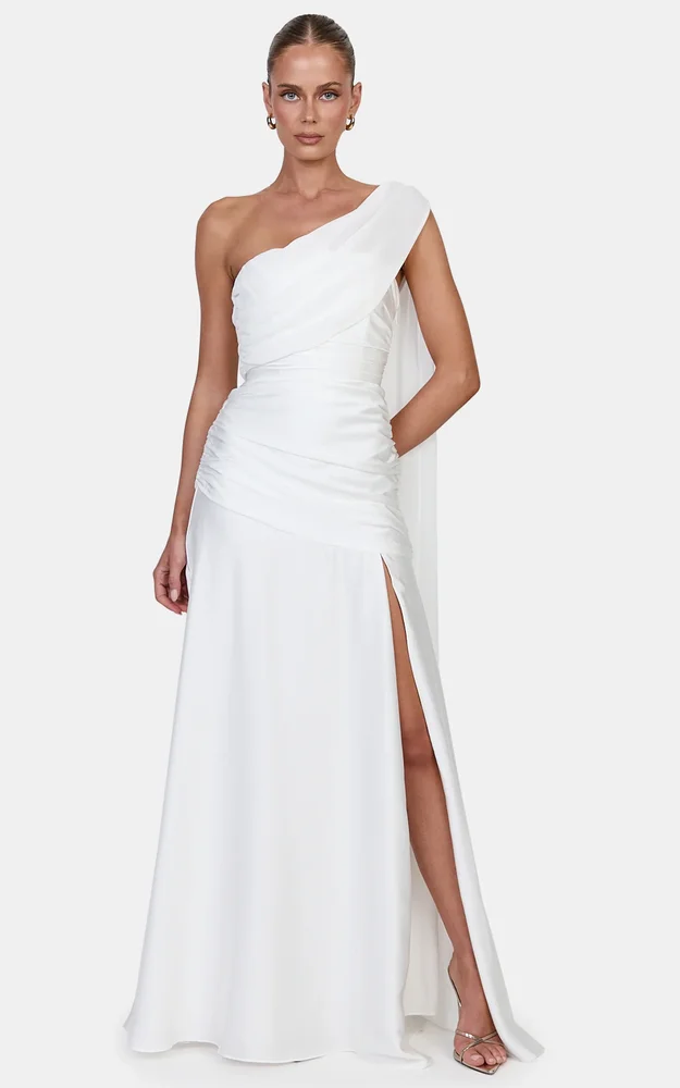 Nora Maxi Dress, Fit And Flare Dress With Leg Split And Asym Shoulder Drape in White