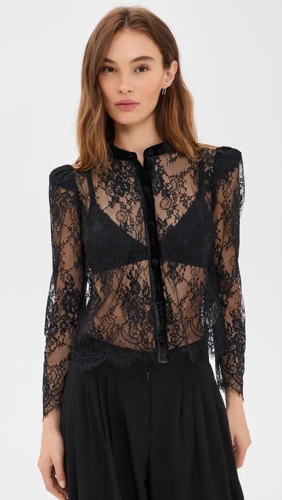 Dorothea Velvet Trim Lace Blouse