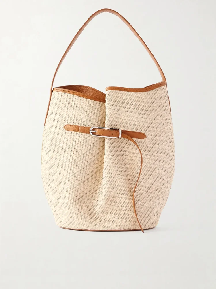 Buckled leather-trimmed woven raffia shoulder bag