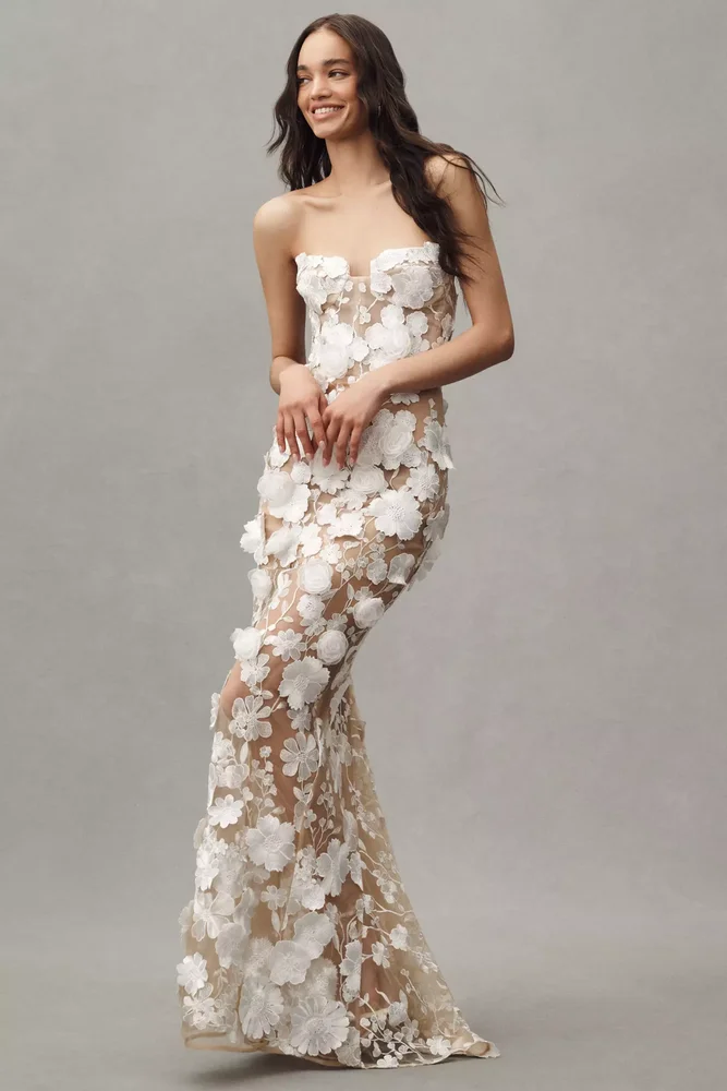 Jasmine Strapless Floral Appliqué Sheer Maxi Dress