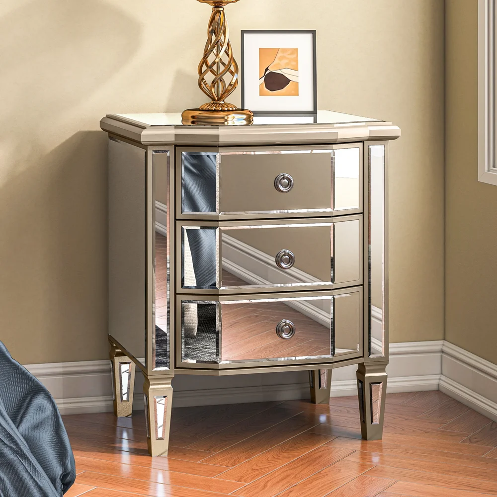 Adelais 3-Drawers Vintage Mirrored Glass Nightstand Bedside Table