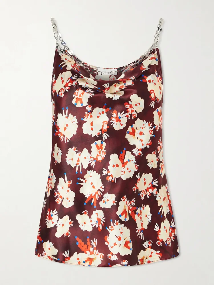 Chainmail-embellished floral-print silk tank