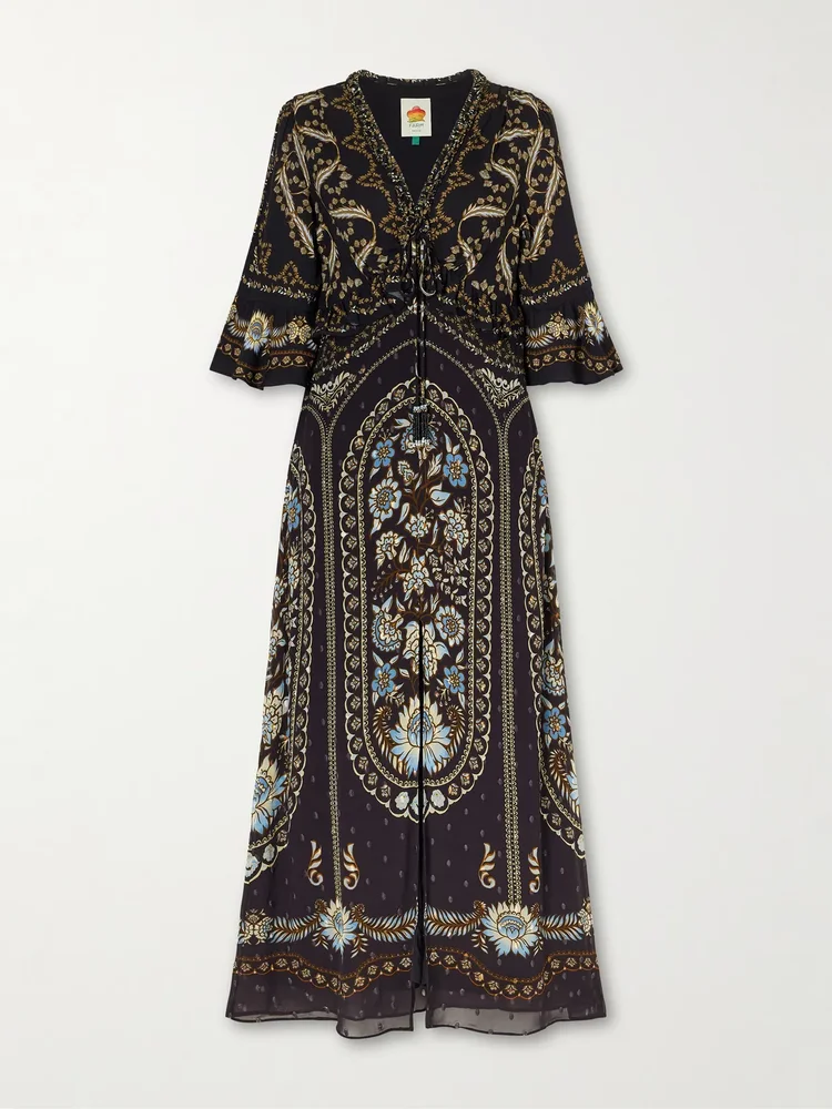 Daniela ruffled printed embroidered crepe maxi dress