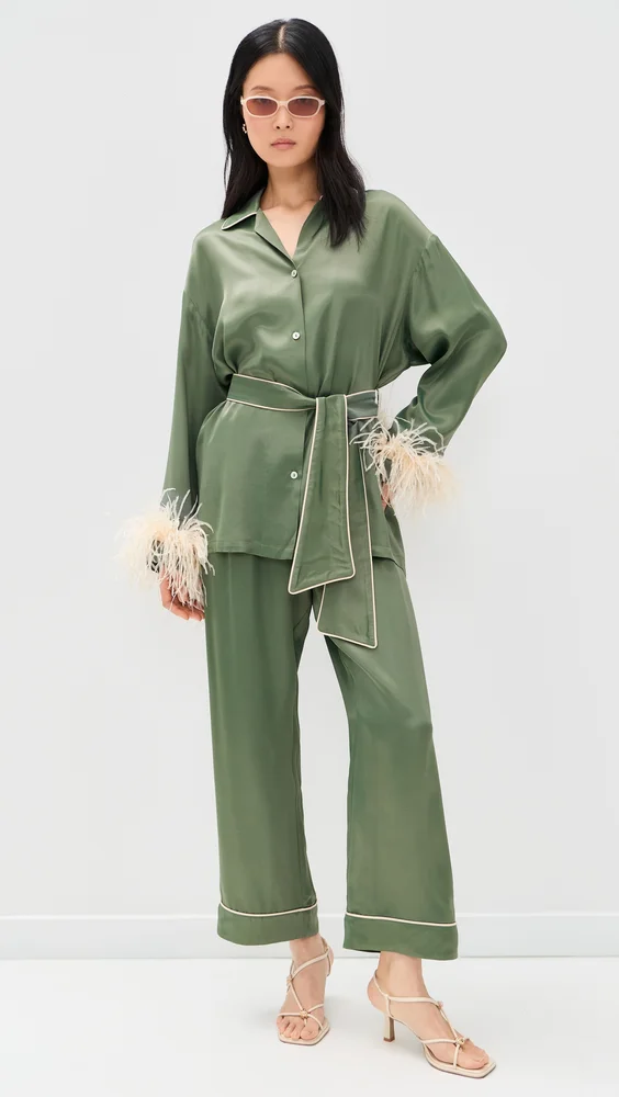 Miss Cat Belted Pajama Set with Detachable Feathers