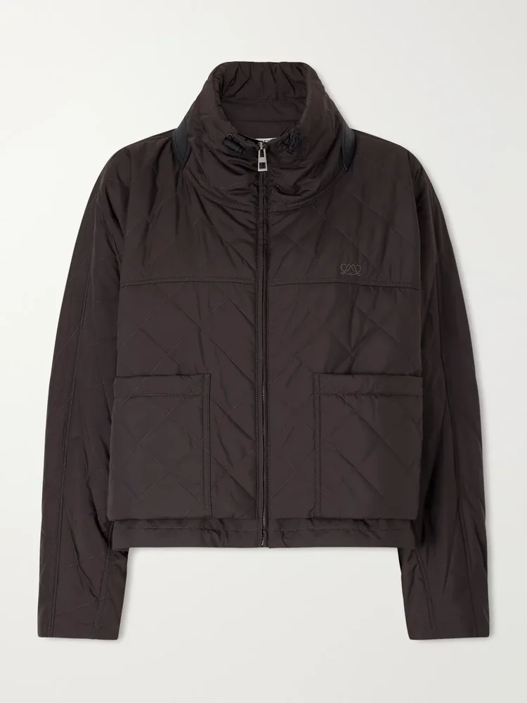 Padded quilted leather-trimmed shell jacket