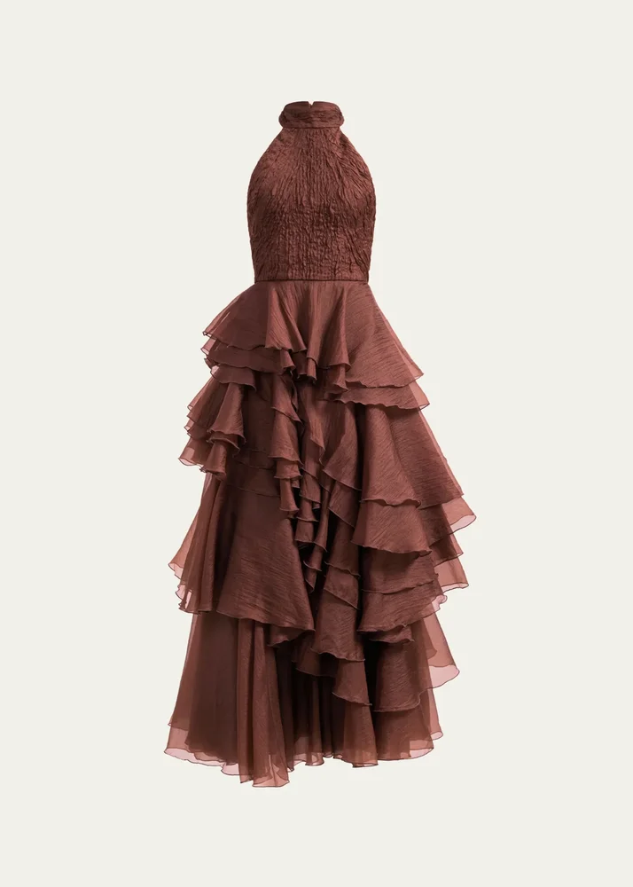 Fayette Strapless Asymmetric Tiered-Ruffle Gown