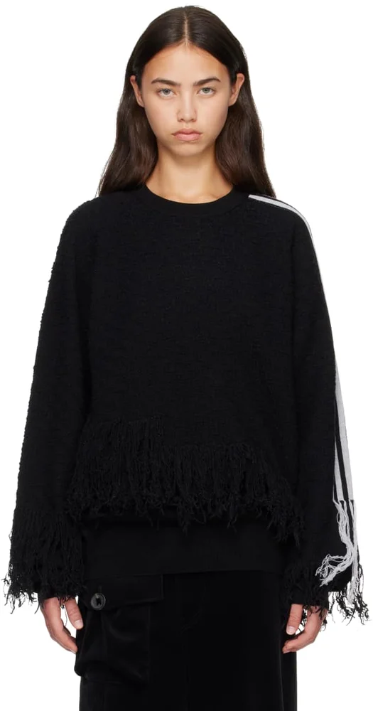 Black Knitted 3-Stripes Fringy Sweater