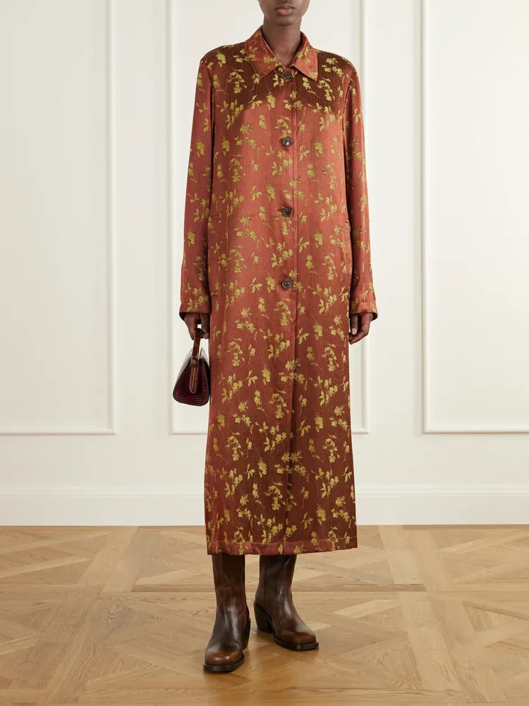 Floral-jacquard satin coat