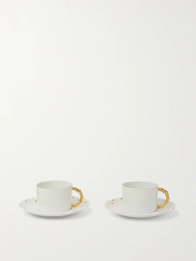 Haas Mojave Set of Two Gold-Plated Porcelain Tea Cups and Saucers
