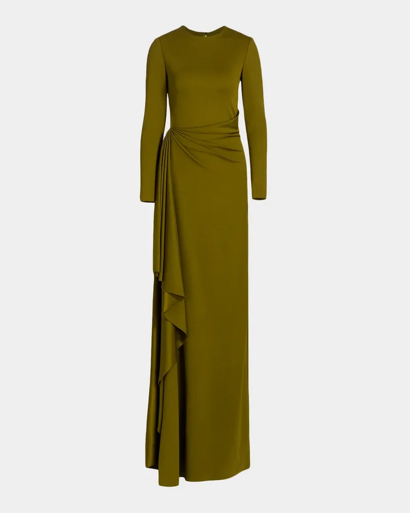 Long-Sleeve Draped Satin Jersey Gown