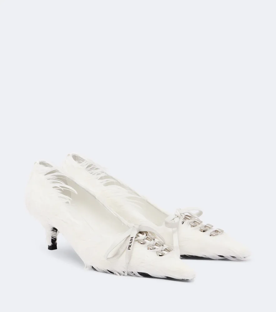 Feather-trimmed satin pumps
