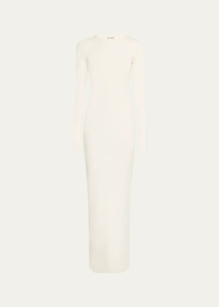 Eterne Long-Sleeve Crewneck Rib-Knit Maxi Dress