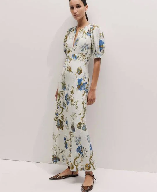 ME+EM Women's Floral-Print Puff-Sleeve Linen-Blend Maxi Dress