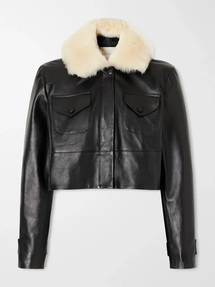 Raja cropped shearling-trimmed leather jacket