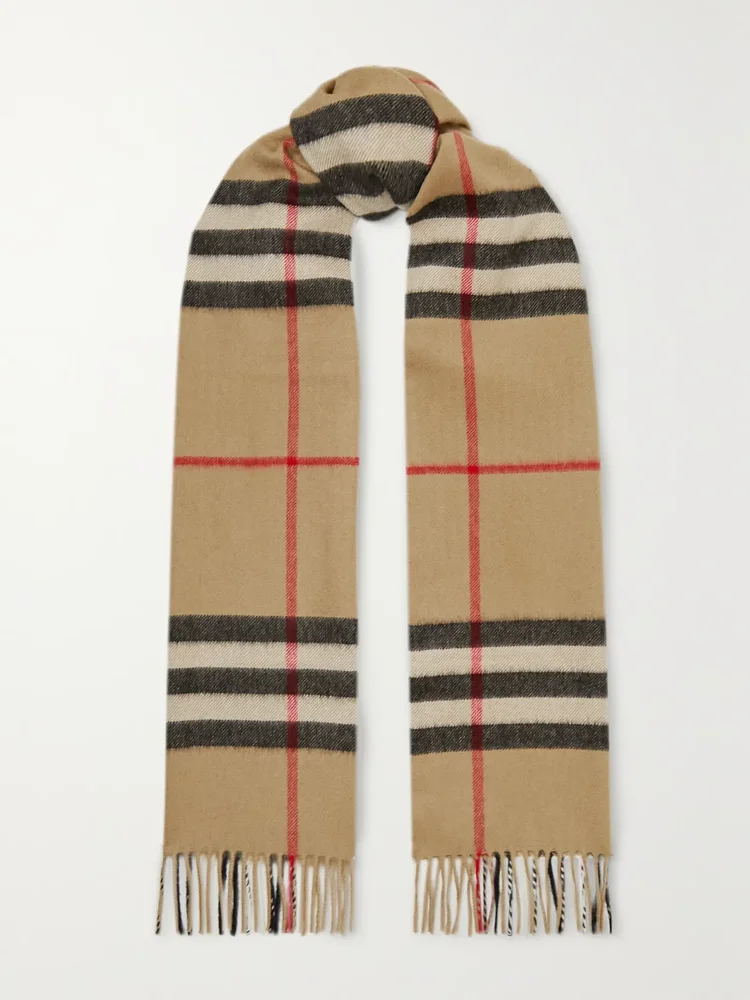 plus net sustain fringed checked cashmere scarf