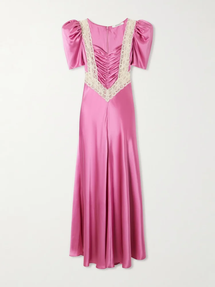 Ruched embroidered lace-trimmed silk-twill maxi dress