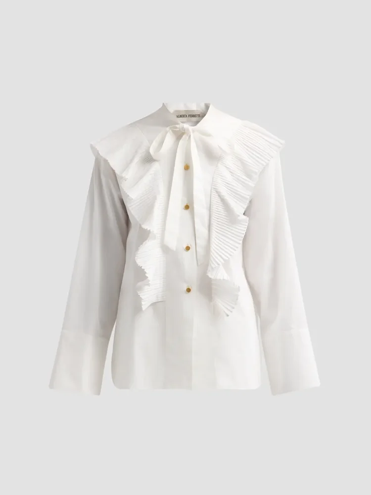 Pleated Ruffle Neck-Tie Cotton Blouse