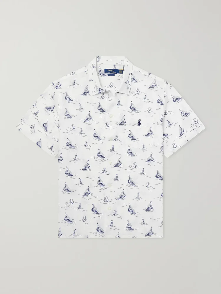 Logo-Embroidered Printed Linen Shirt