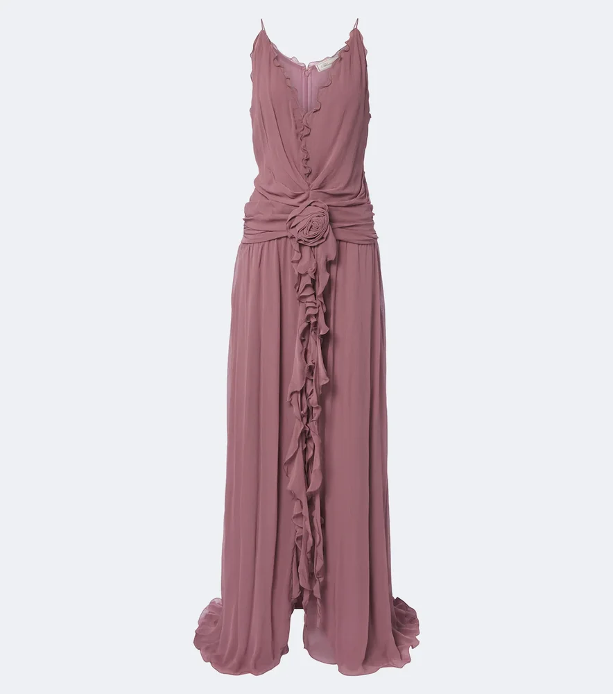 Floral-appliqué ruffled georgette gown