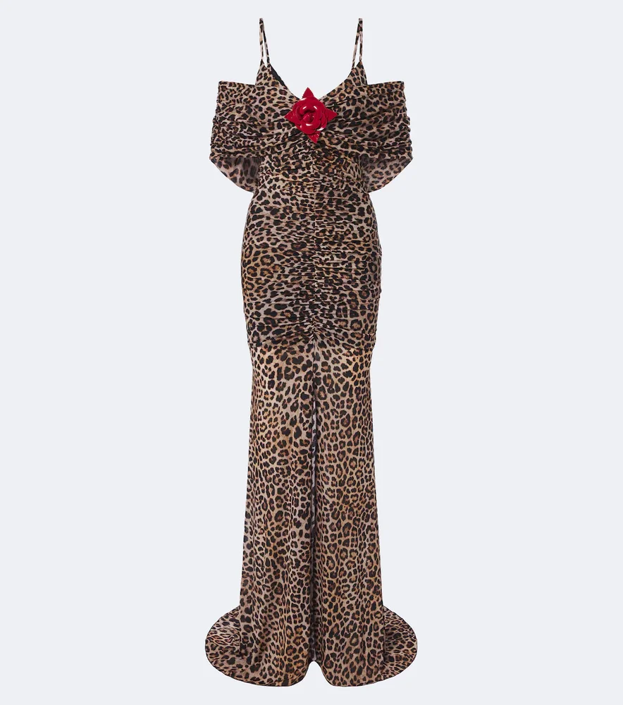 Floral-appliqué leopard-print jersey maxi dress