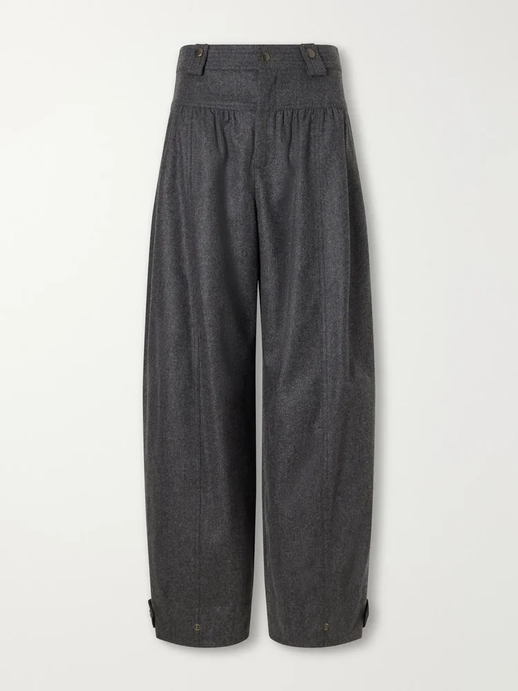 Pleated flannel wool and cashmere-blend barrel-leg pants