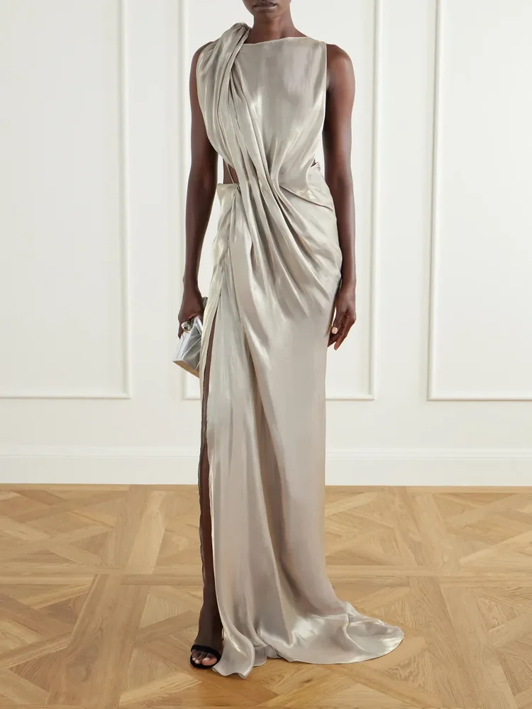 Glow Up draped metallic-satin gown