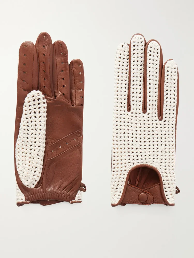 Karine crochet-detailed leather gloves