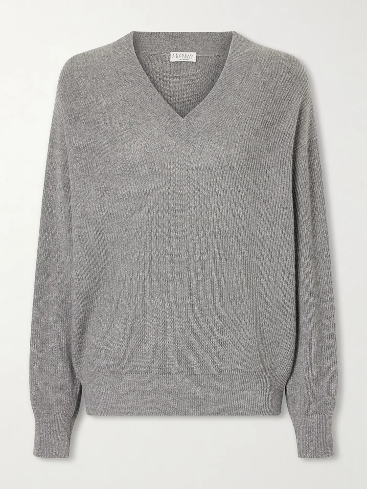 Ribbed-knit metallic cashmere-blend sweater