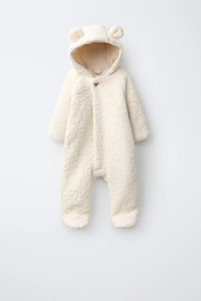 Faux Shearling Hoodie Jumpsuit With Ears