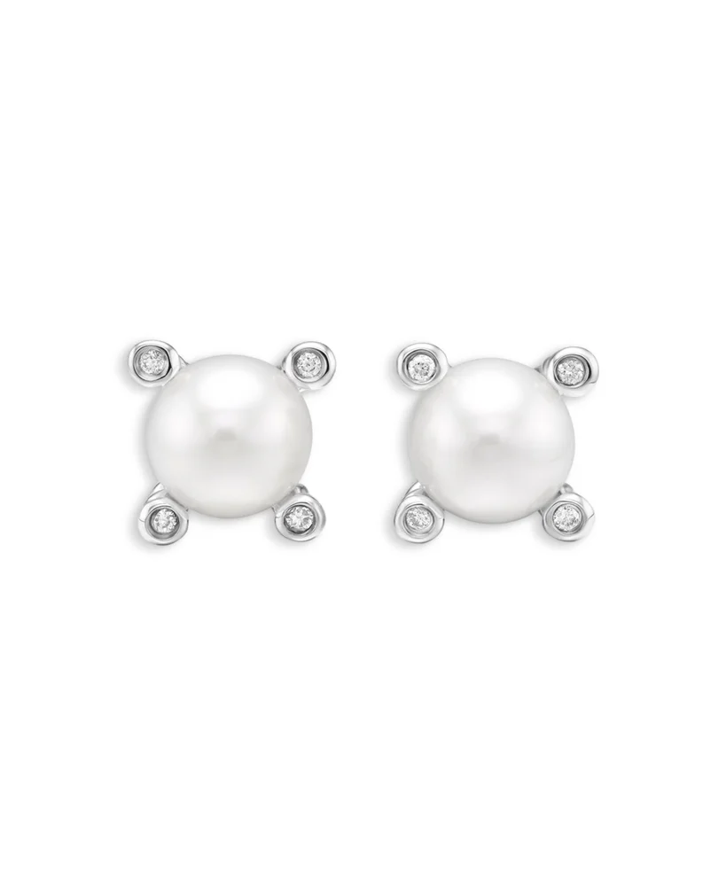 Pearl Stud Earrings in Sterling Silver with Pearls and Diamonds, 7.4mm