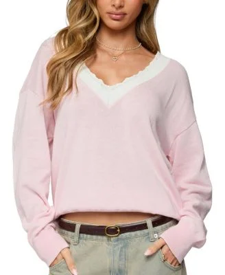 Marie Contrast Lacey V Neck Sweater