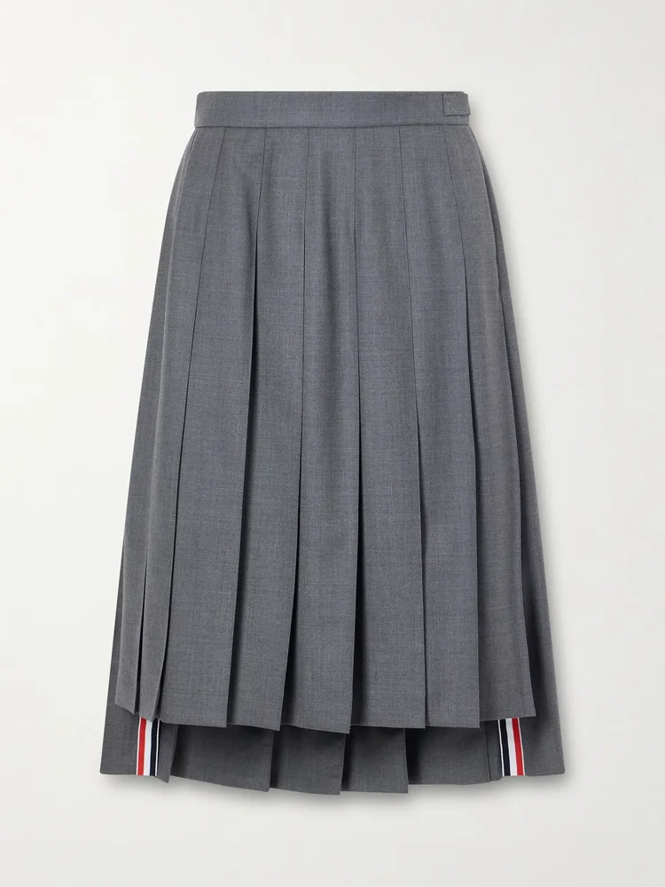 Asymmetric grosgrain-trimmed pleated wool midi skirt