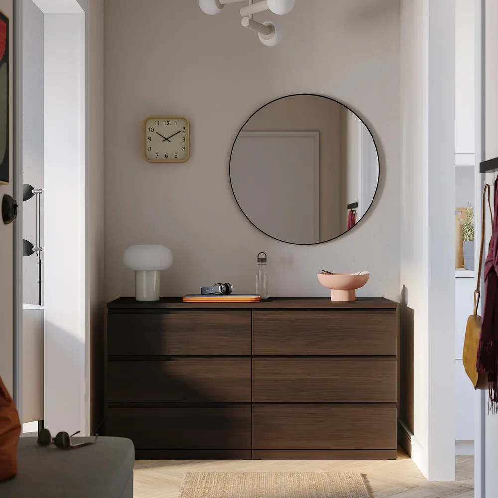 IKEA STORKLINTA 6-drawer dresser - dark-brown/oak effect anchor/unlock function 55 1/8x18 7/8x29 1/2 "