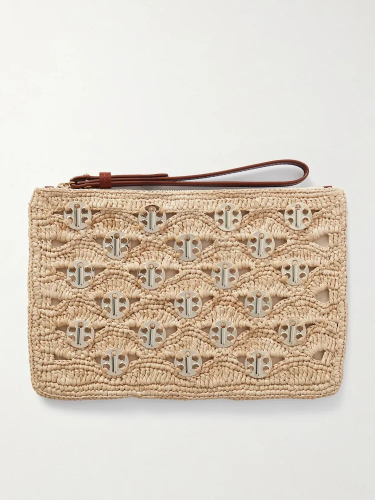 Leather-trimmed chainmail-embellished raffia pouch