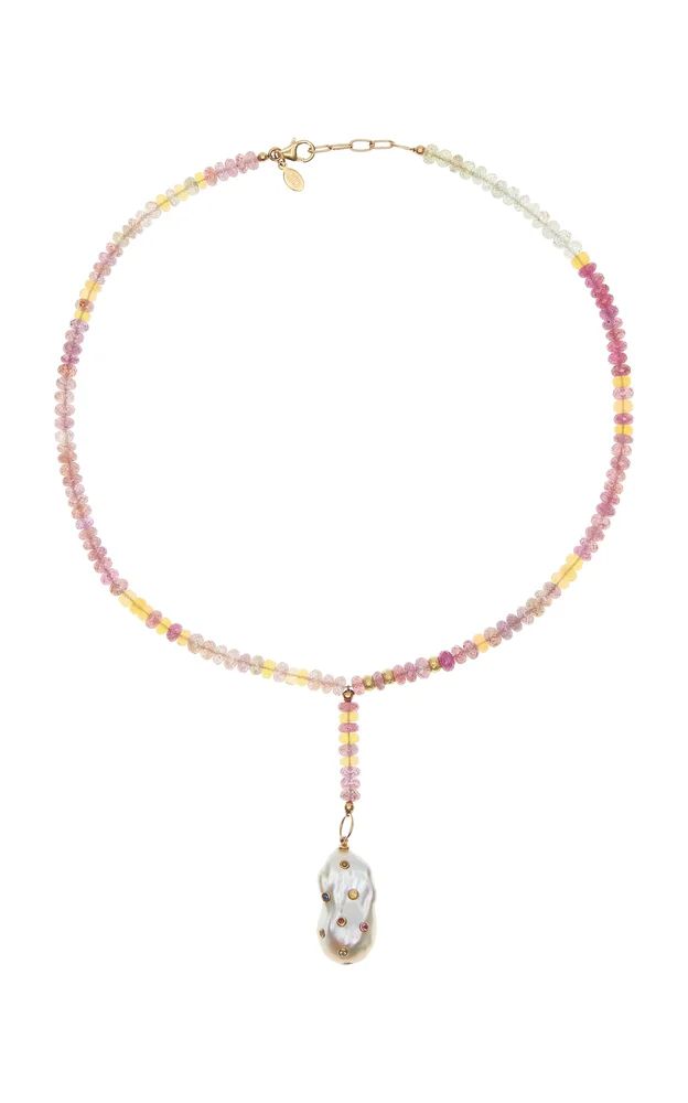 Raspberry Sherbert 18K Yellow Gold Sapphire Baroque Pearl Necklace