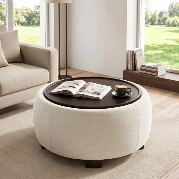 Round Storage Ottoman Cocktail Table, Chenille Seat, Solid Wood Legs