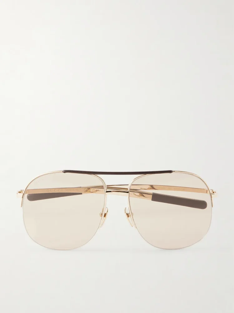 Aviator-style leather-trimmed gold-tone sunglasses