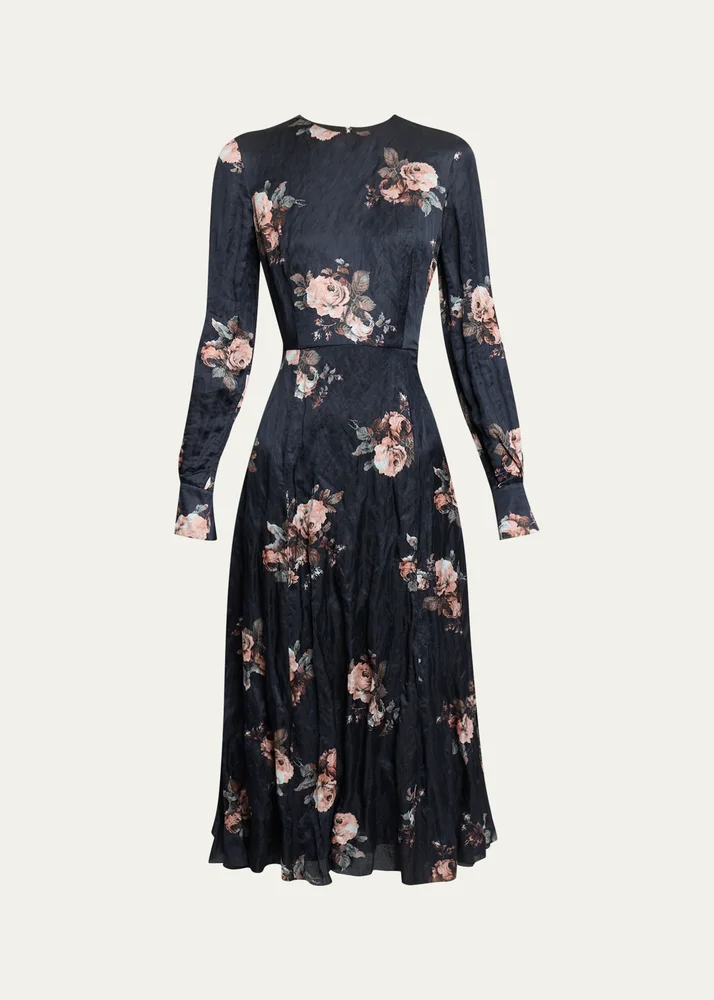Floral Crushed Satin Crewneck Midi Dress