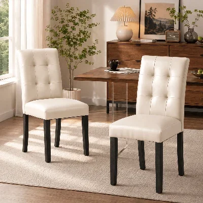 Faux Leather Upholstered Dining Chairs with Wood Legs