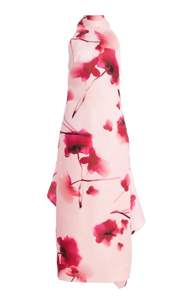 Silk Halter Neck Draped Midi Dress With Train